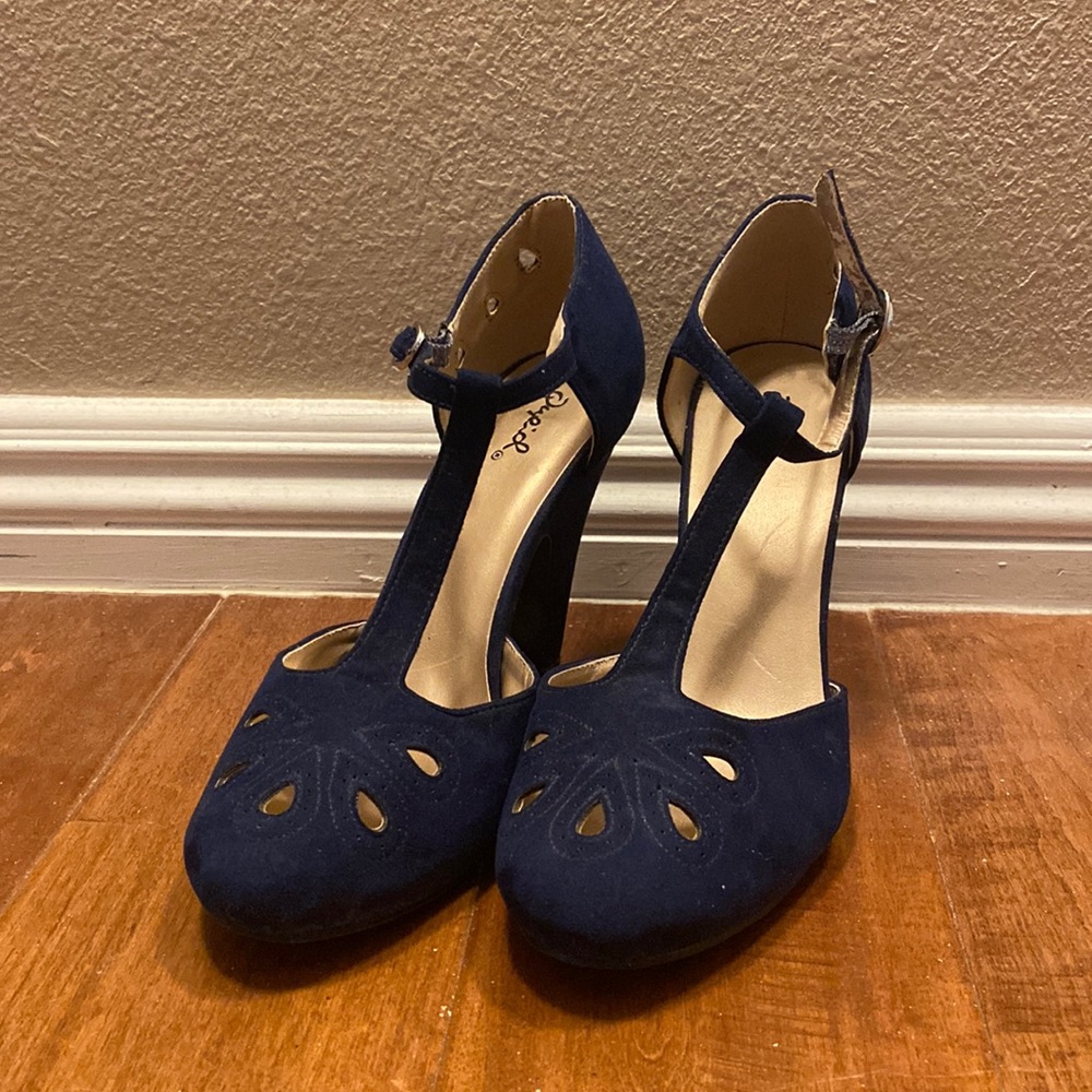 T Strap Blue Suede Qupid Heels - Size 8